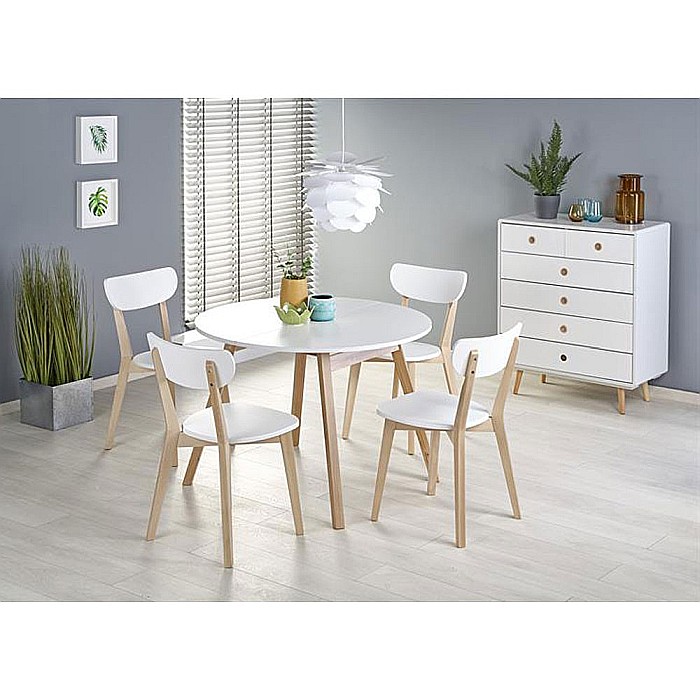 Masa extensibila living si bucatarie HM Ruben, lemn masiv, blat MDF, ovala, 6 persoane, 102-142x102x73 cm, alba [1]