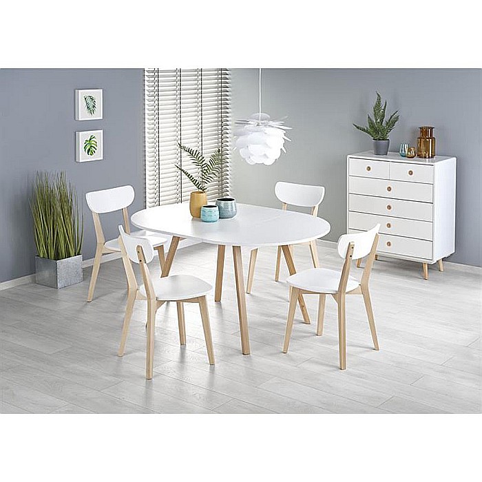Masa extensibila living si bucatarie HM Ruben, lemn masiv, blat MDF, ovala, 6 persoane, 102-142x102x73 cm, alba [2]