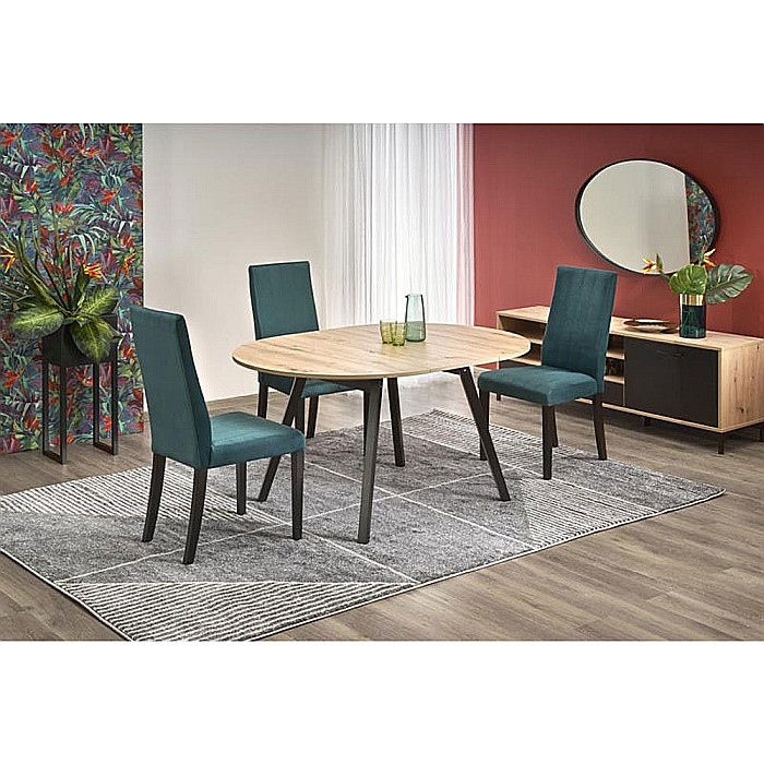 Masa extensibila living si bucatarie HM Ruben, lemn masiv, blat MDF, ovala, 6 persoane, 102-142x102x73 cm, stejar/negru [4]