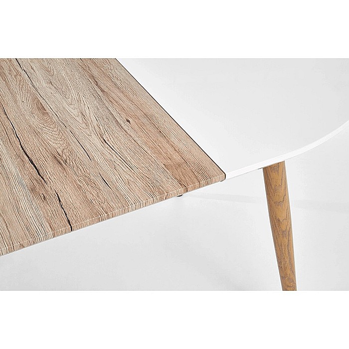 Masa living extensibila HM Edward, blat MDF, structura metalica, ovala, 6 persoane, 120-200x100x75 cm, alb/stejar san remo [8]