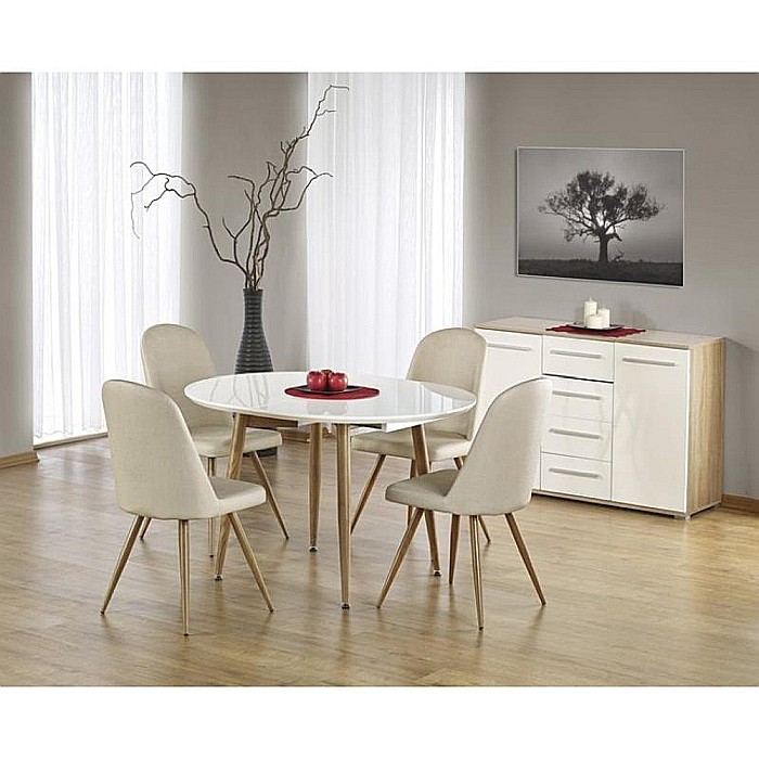 Masa living extensibila HM Edward, blat MDF, structura metalica, ovala, 6 persoane, 120-200x100x75 cm, alb/stejar [2]