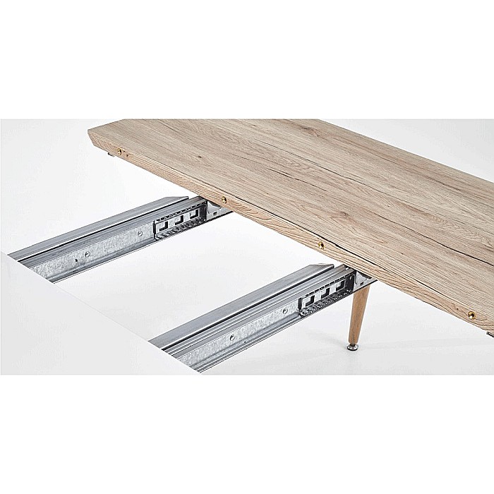 Masa living extensibila HM Edward, blat MDF, structura metalica, ovala, 6 persoane, 120-200x100x75 cm, alb/stejar san remo [7]