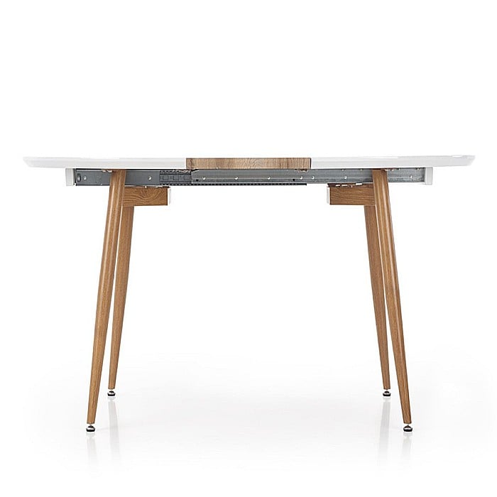 Masa living extensibila HM Edward, blat MDF, structura metalica, ovala, 6 persoane, 120-200x100x75 cm, alb/stejar [9]