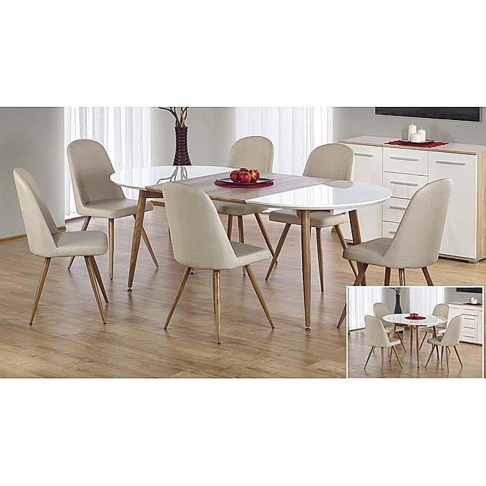 Masa living extensibila HM Edward, blat MDF, structura metalica, ovala, 6 persoane, 120-200x100x75 cm, alb/stejar [3]