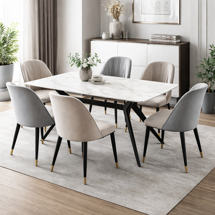 Masa living si bucatarie Elegant FDT4, blat ceramica, cadru metalic, 6 persoane, 140x80x75 cm, alb/maro [2]