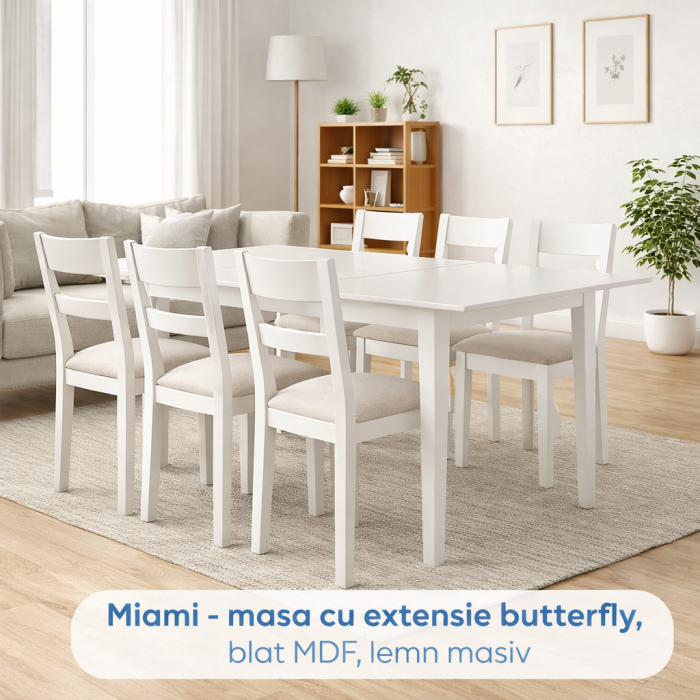 Masa living si bucatarie extensibila Miami, MDF, structura lemn masiv, 6 persoane, 120/150 x 80 x 73.8 cm, alb [2]