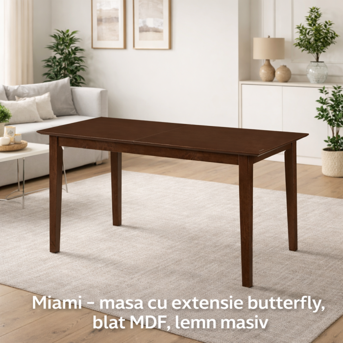 Set masa living extensibila Miami, MDF, lemn masiv, 120/150 x 80 x 73.8 cm si 6 scaune Vienna, tapitat stofa, 94x49x40 cm, nuc/bej [2]