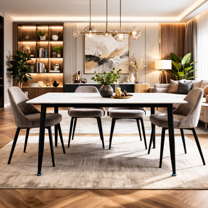 Masa living si bucatarie Lineo FDT1, blat ceramica, cadru metalic, 6 persoane, 140x80x75 cm, alb/gri [2]