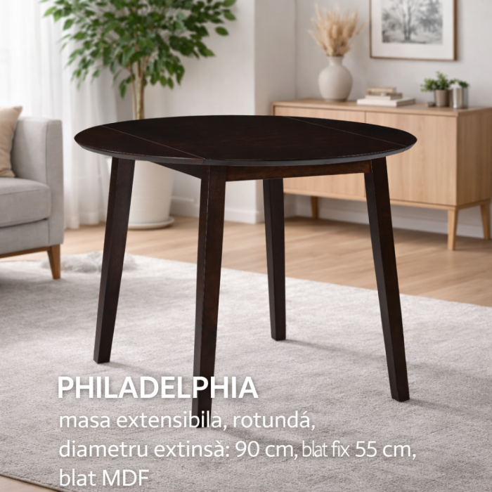 Set masa living plianta Philadelphia, MDF, lemn masiv, rotunda, 55/90 x 90 x 74,8 cm si 2 scaune Vienna, tapiterie stofa, 94x49x40 cm, nuc [2]