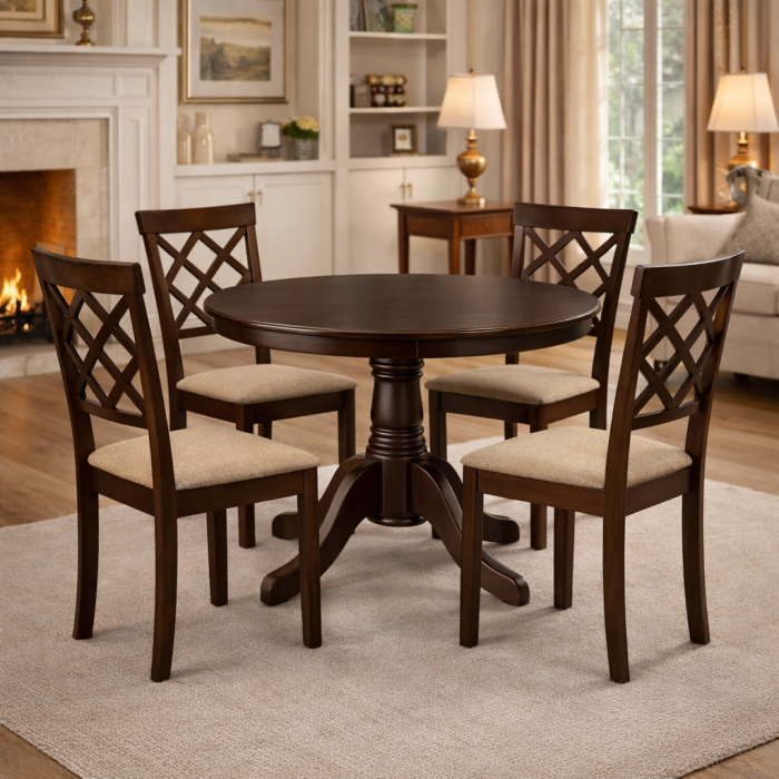 Masa living si bucatarie rotunda Montreal, cadru lemn masiv, MDF furniruit, 4 persoane, 90x73.8 cm, nuc [4]