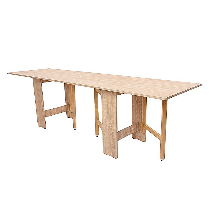 Masa plianta 12 persoane, Pal Melaminat, insertii lemn masiv, sistem cuplare blat, 274x75x78 cm, stejar sonoma [2]
