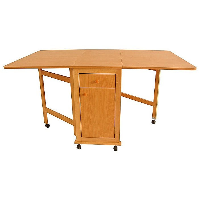 Masa plianta cu spatiu depozitare, usa si sertar, Pal Melaminat, structura lemn masiv, cu role, 8 persoane, 160x96x80 cm, fag [2]