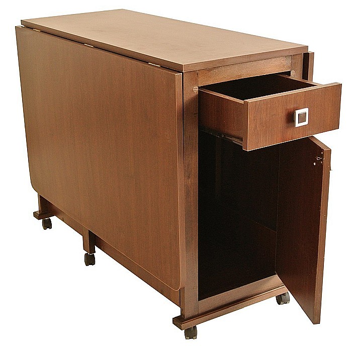 Masa plianta cu spatiu depozitare, usa si sertar, Pal Melaminat, structura lemn masiv, cu role, 8 persoane, 160x96x80 cm, cires [2]