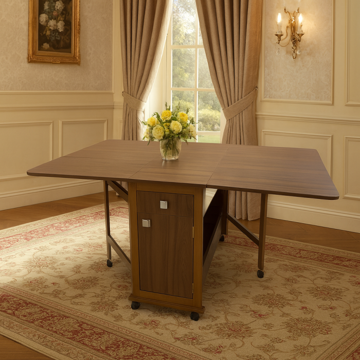 Masa plianta cu spatiu depozitare, usa si sertar, Pal Melaminat, structura lemn masiv, cu role, 8 persoane, 160x96x80 cm, nuc [1]