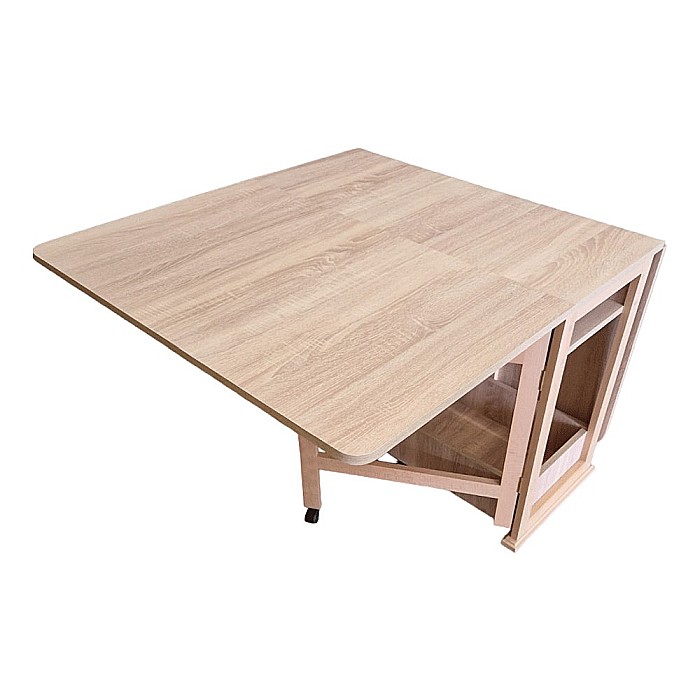 Masa plianta cu spatiu depozitare Util, pentru living si bucatarie, PAL, structura lemn masiv, cu role, 6 persoane, 160x96x80 cm, Stejar sonoma [3]