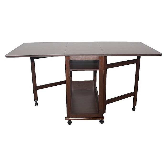 Masa plianta cu spatiu depozitare Util, pentru living si bucatarie, PAL, structura lemn masiv, cu role, 6 persoane, 160x96x80 cm, cires [1]