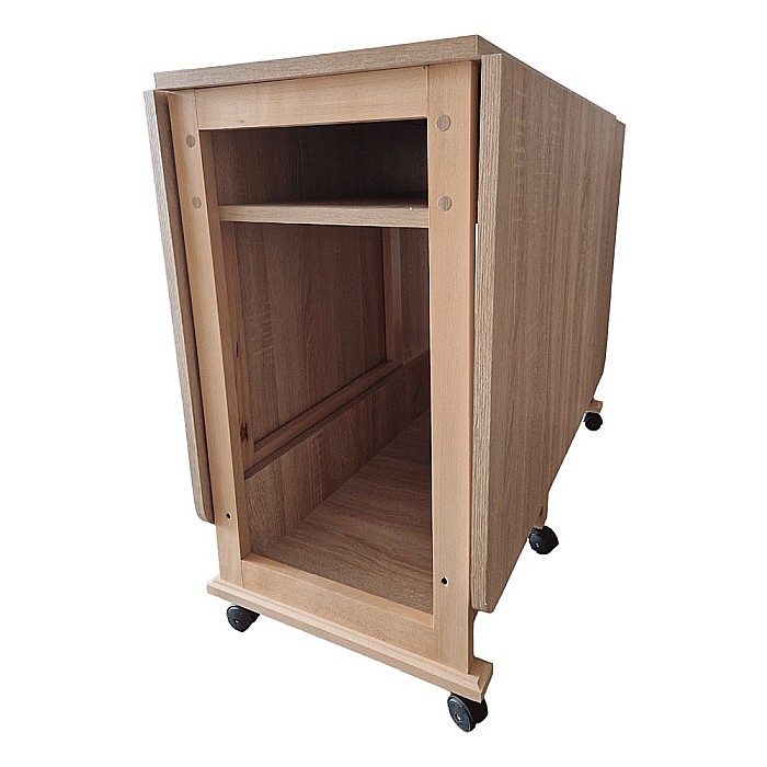 Masa plianta cu spatiu depozitare Util, pentru living si bucatarie, PAL, structura lemn masiv, cu role, 6 persoane, 160x96x80 cm, Stejar sonoma [6]
