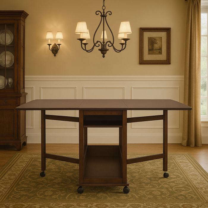 Masa plianta cu spatiu depozitare Util, pentru living si bucatarie, PAL, structura lemn masiv, cu role, 6 persoane, 160x96x80 cm, wenge [1]