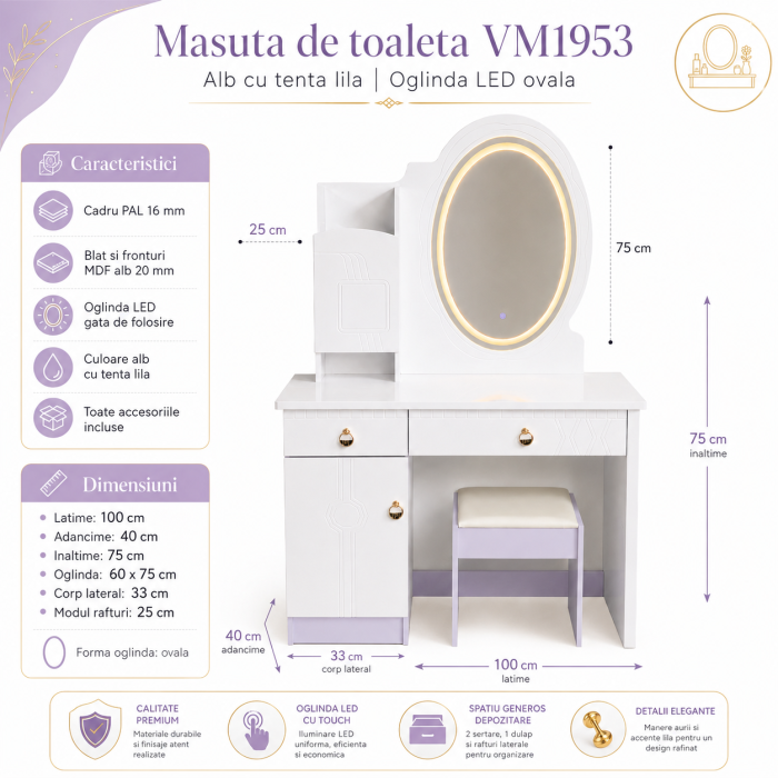 Masuta de toaleta VM1953 cu oglinda LED ovala, 100 cm, alb/lila [4]
