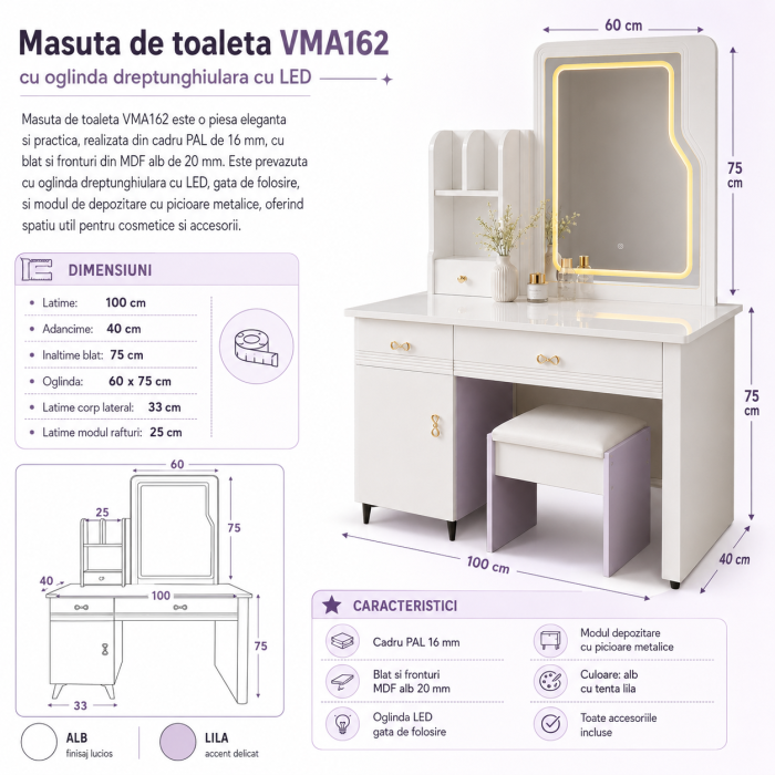 Masuta de toaleta VMA162 cu oglinda LED dreptunghiulara, front MDF, 100 cm, alb/lila [3]