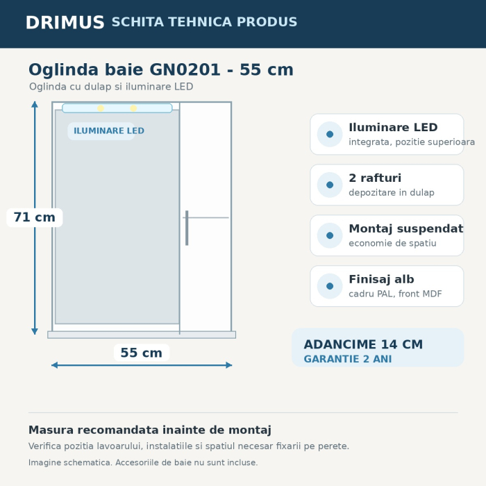 Oglinda baie cu dulap GN0201, dreptunghiulara, PAL, iluminare led, 2 rafturi, 55 cm, alb [6]