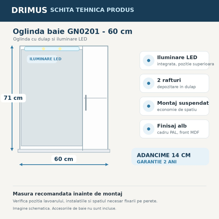 Oglinda baie cu dulap GN0201, dreptunghiulara, PAL, iluminare led, 2 rafturi, 60 cm, alb [6]