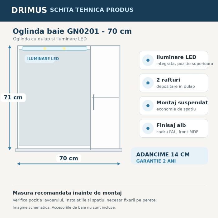 Oglinda baie cu dulap GN0201, dreptunghiulara, PAL Lucios, iluminare led, 2 rafturi, 70 cm, alb [5]