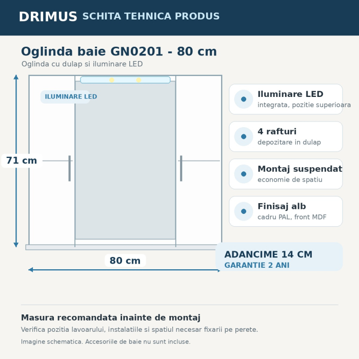 Oglinda baie cu dulap GN0201, dreptunghiulara, PAL Lucios, iluminare led, 4 rafturi, 80 cm, alb [6]