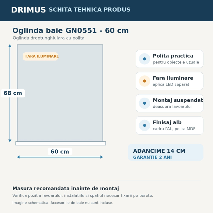 Oglinda baie cu polita GN0551, dreptunghiulara, PAL, 60 cm, alb [5]
