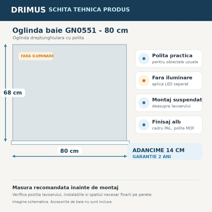 Oglinda baie cu polita GN0551, dreptunghiulara, PAL, 80 cm, alb [5]