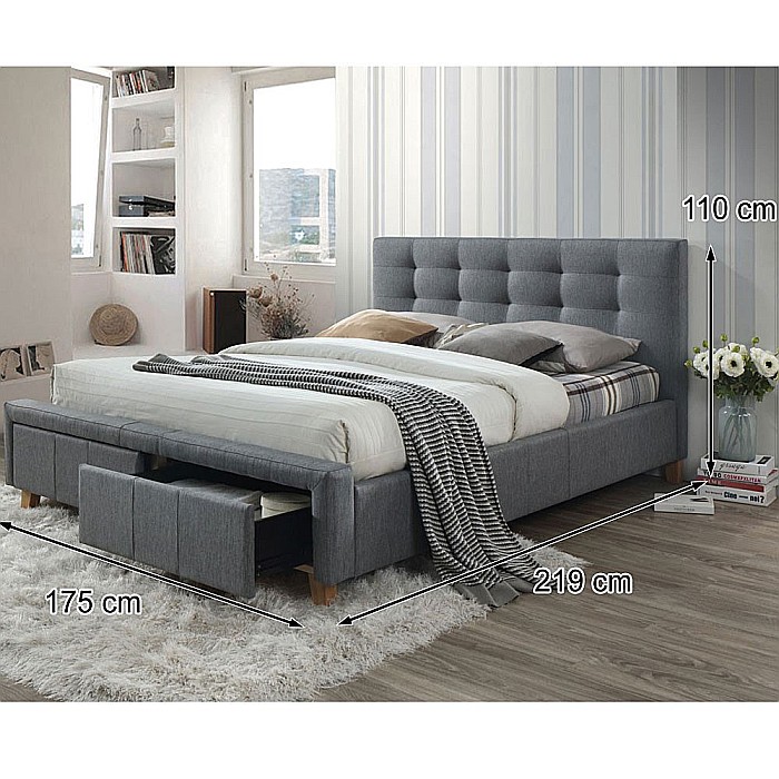 Pat cu spatiu depozitare SL Ascot, matrimonial, cu somiera, lemn masiv, tapitat cu stofa, 160x200, gri [2]