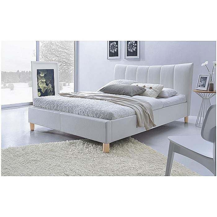 Pat dublu HM Sandy, tapitat cu piele ecologica, somiera inclusa, structura lemn masiv, 160x200 alb [1]