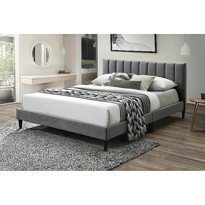 Pat dublu KL Amalia, tapitat cu catifea, somiera inclusa, structura lemn masiv, 160x200 cm, gri [1]
