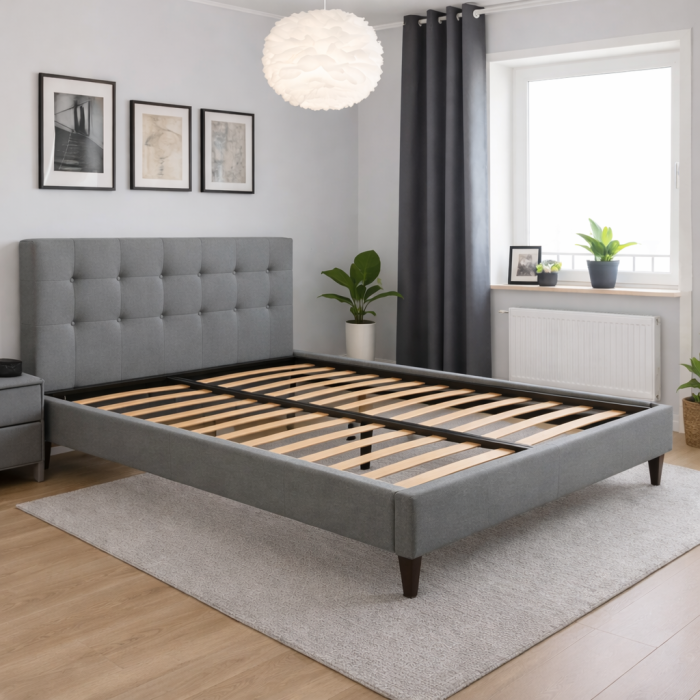 Pat HM Samara 2, matrimonial, cu somiera, cadru lemn masiv, tapiterie stofa, 160x200, gri [3]
