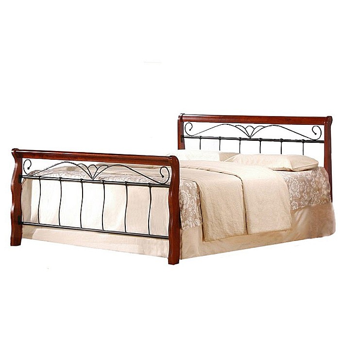 Pat HM Veronica, cadru metalic, lemn masiv, cu tablie cap/picioare, cu somiera, 160x200, negru/cires [2]