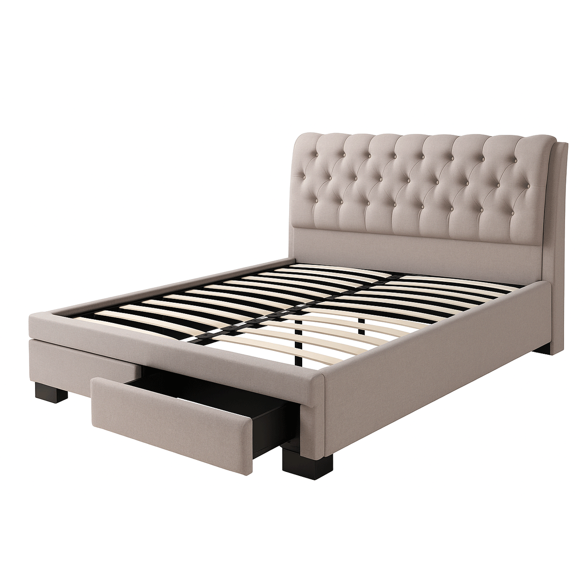 Pat matrimonial Elegant, elemente lemn masiv, sertare, tapitat cu stofa, cu somiera,160x200 cm, bej [5]