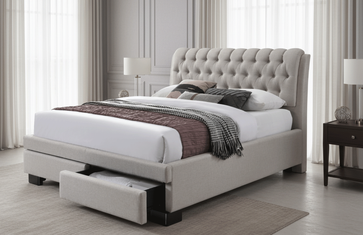 Pat matrimonial Elegant, elemente lemn masiv, sertare, tapitat cu stofa, cu somiera,160x200 cm, bej [1]