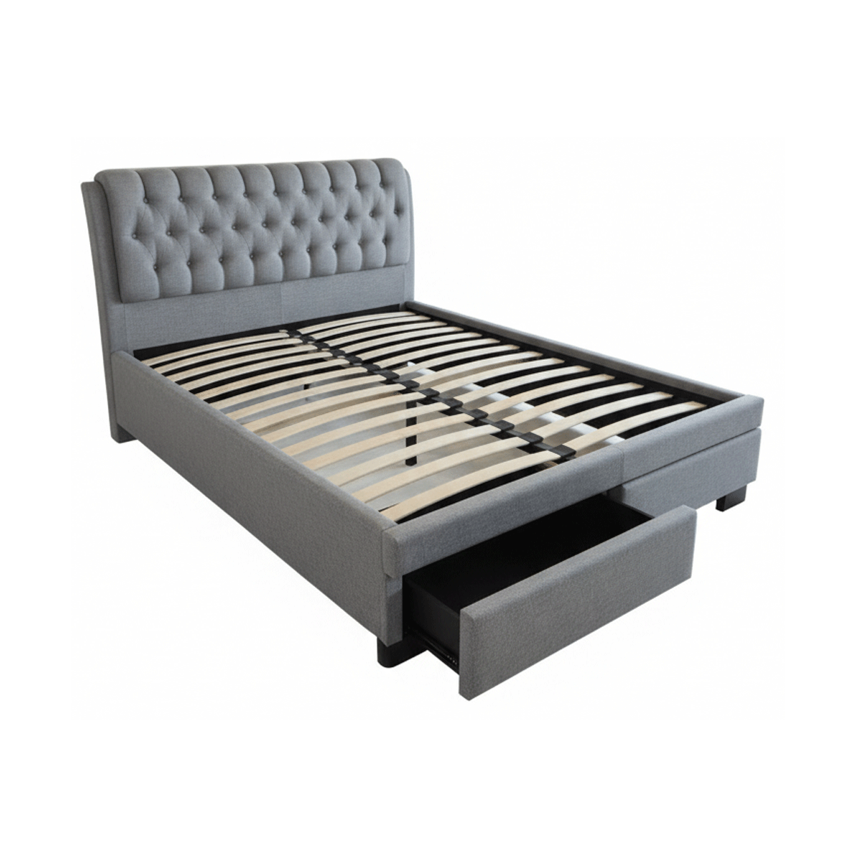 Pat matrimonial Elegant, elemente lemn masiv, sertare, tapitat cu stofa, cu somiera,160x200 cm, gri [5]