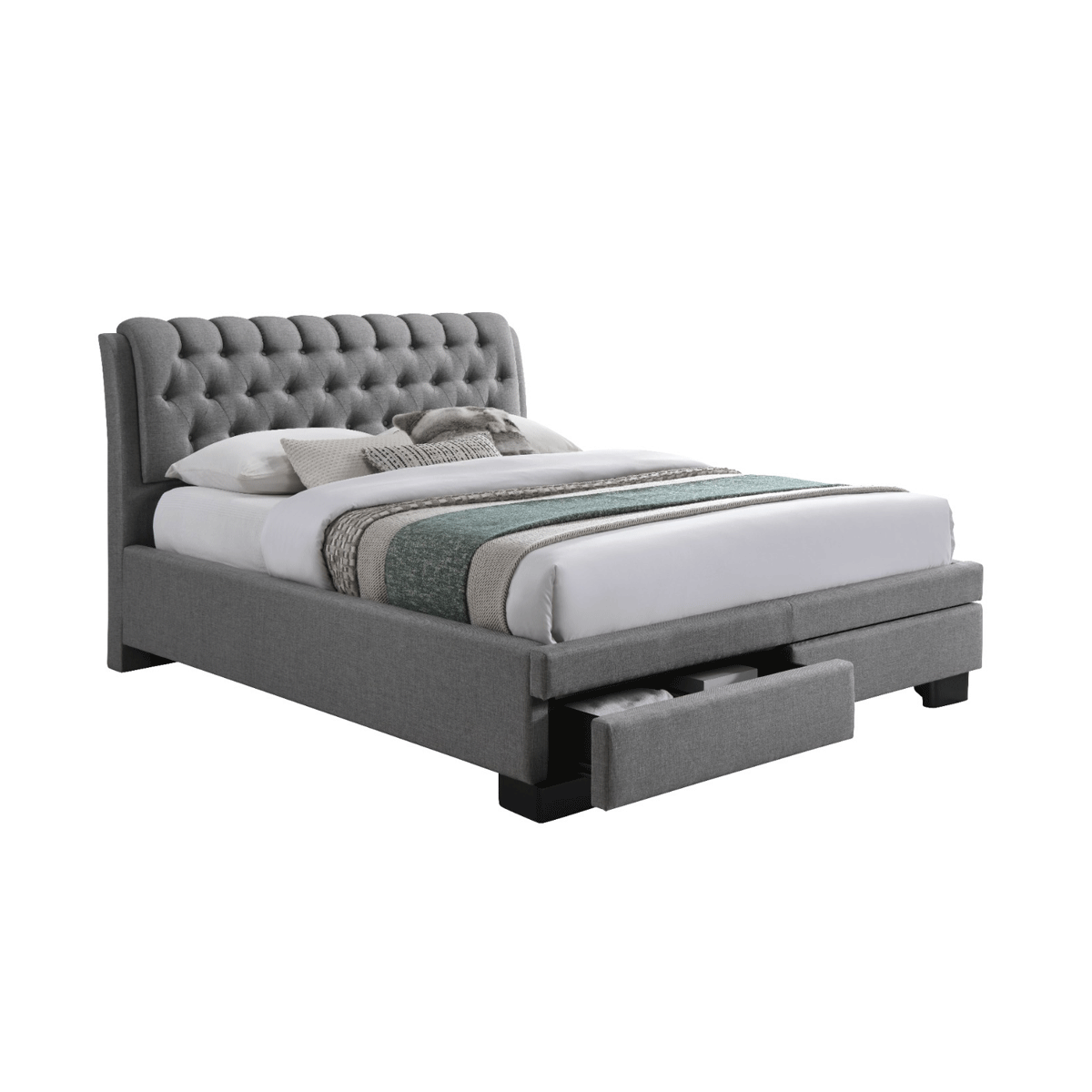 Pat matrimonial Elegant, elemente lemn masiv, sertare, tapitat cu stofa, cu somiera,160x200 cm, gri [2]