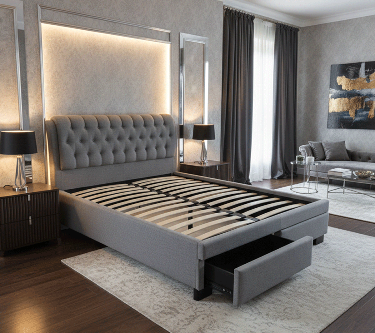 Pat matrimonial Elegant, elemente lemn masiv, sertare, tapitat cu stofa, cu somiera,160x200 cm, gri [3]