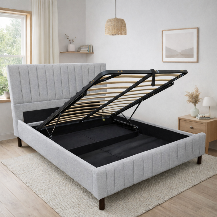 Pat matrimonial Erzon Hydraulic, elemente lemn masiv, spatiu depozitare, tapitat cu stofa, somiera rabatabila,140x200 cm, gri [2]