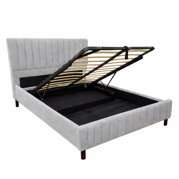 Pat matrimonial Erzon Hydraulic, elemente lemn masiv, spatiu depozitare, tapitat cu stofa, somiera rabatabila,140x200 cm, gri [3]