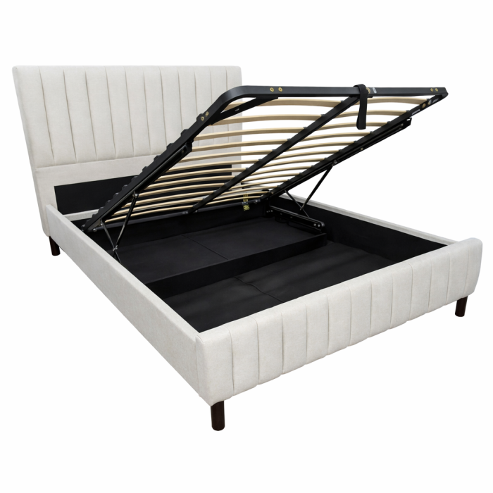 Pat matrimonial Erzon Hydraulic, elemente lemn masiv, spatiu depozitare, tapitat cu stofa, somiera rabatabila,160x200 cm, crem [3]