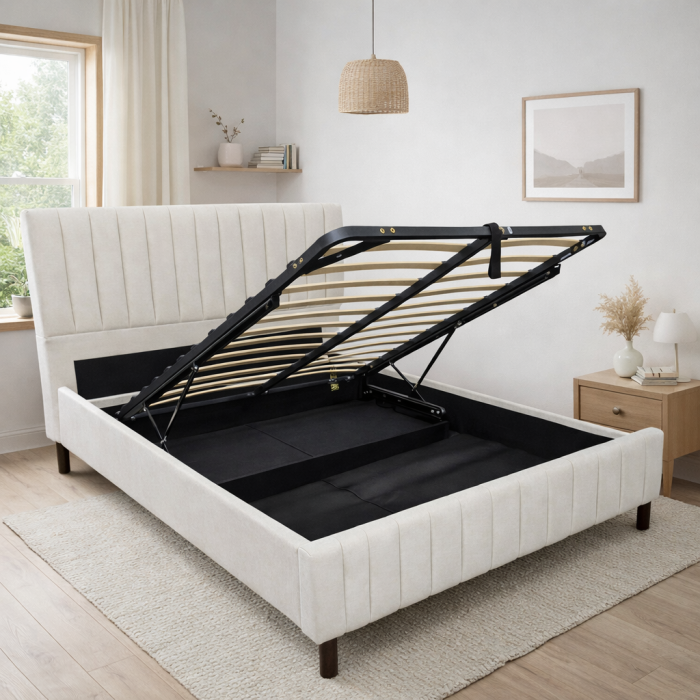 Pat matrimonial Erzon Hydraulic, elemente lemn masiv, spatiu depozitare, tapitat cu stofa, somiera rabatabila,160x200 cm, crem [2]