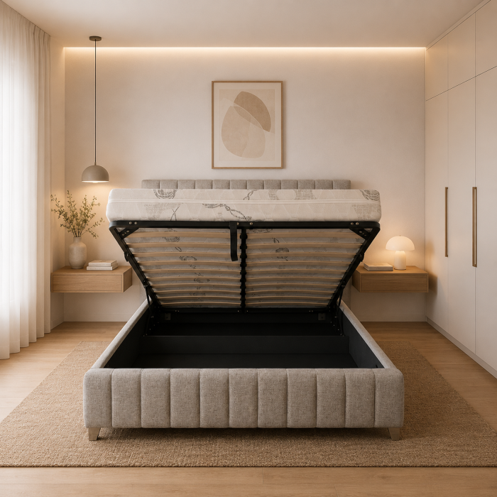 Pat matrimonial Erzon Hydraulic, elemente lemn masiv, spatiu depozitare, tapitat cu stofa, somiera rabatabila,160x200 cm, gri [3]