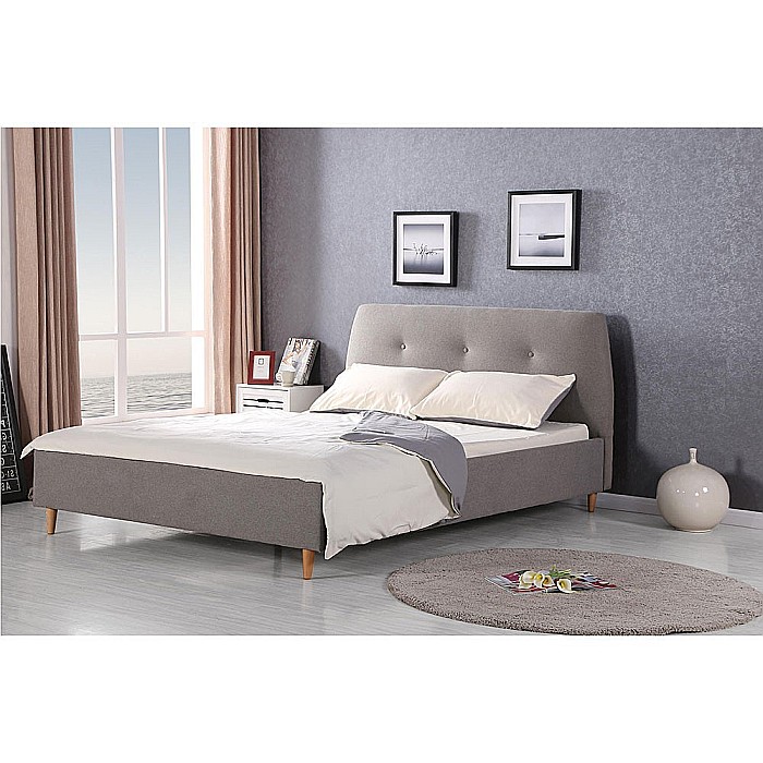 Pat matrimonial HM Doris, tapitat cu textil, lemn masiv, somiera inclusa, 160x200, gri [1]