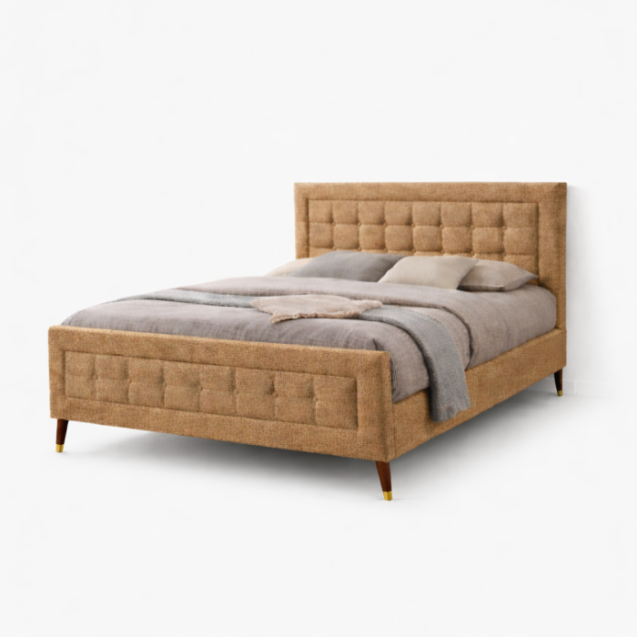 Pat matrimonial Melodie, elemente lemn masiv, tapitat cu stofa, cu somiera,140x200 cm, crem [3]