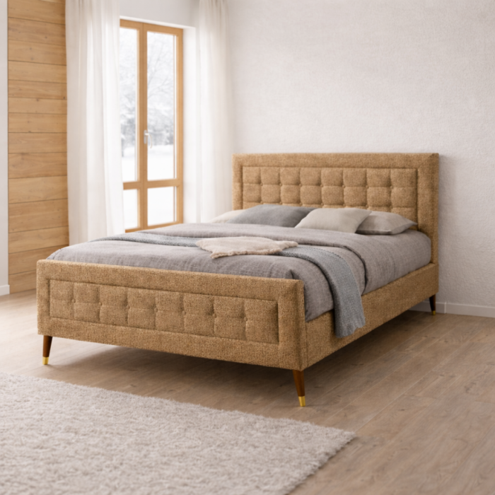 Pat matrimonial Melodie, elemente lemn masiv, tapitat cu stofa, cu somiera,160x200 cm, crem [2]