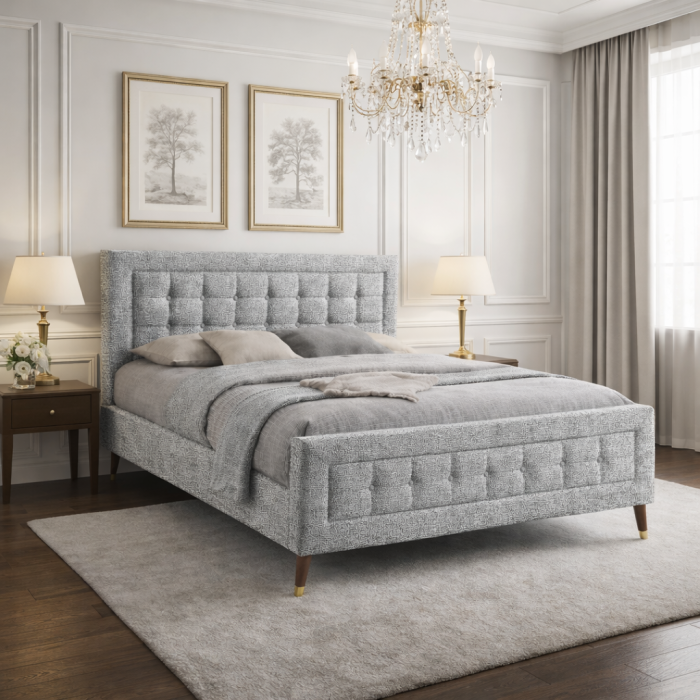 Pat matrimonial Melodie, elemente lemn masiv, tapitat cu stofa, cu somiera,140x200 cm, gri [2]