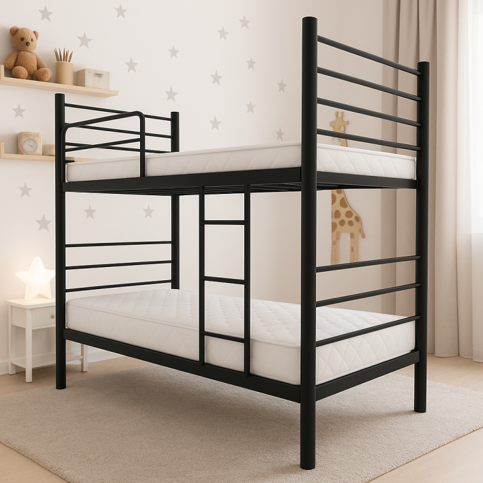 Pat metalic supraetajat, 2 persoane, bara protectie, cu scara, 90x200 cm, negru [2]